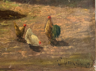 19th Century Continental Farmyard Interior with Horses and Chickens, Oil on Board
