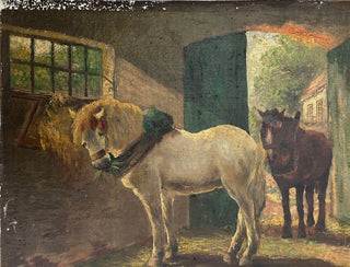 19th Century Continental Farmyard Interior with Horses and Chickens, Oil on Board