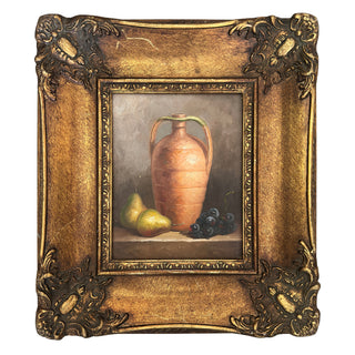Vintage Still Life with Earthenware Jug, Pears, and Grapes Oil on Board