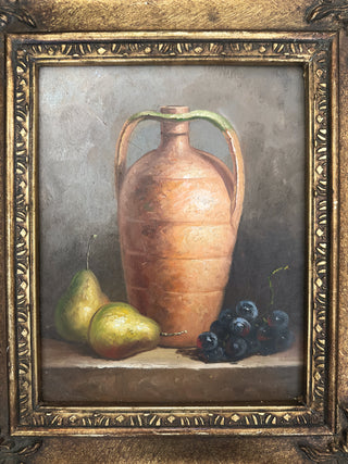 Vintage Still Life with Earthenware Jug, Pears, and Grapes Oil on Board