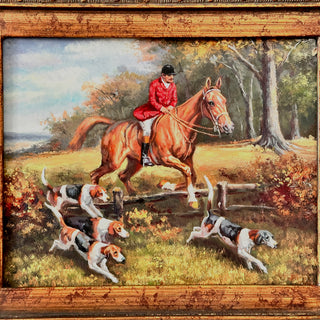 English Hunt Scene Oil on Board, Fox Hunting Rider with Hounds, Mid 20th Century