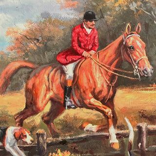 English Hunt Scene Oil on Board, Fox Hunting Rider with Hounds, Mid 20th Century
