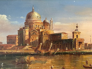 Venetian Harbor Scene Oil on Board, Basilica di Santa Maria della Salute, Grand Tour Style, Mid 20th Century