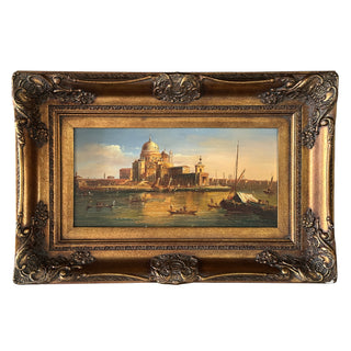 Venetian Harbor Scene Oil on Board, Basilica di Santa Maria della Salute, Grand Tour Style, Mid 20th Century