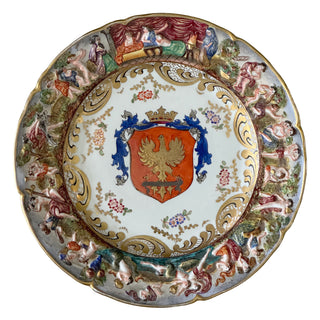 Italian Capodimonte Porcelain Charger with Figural Border & Heraldic Eagle, Circa 1950–1970