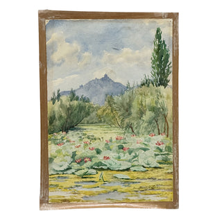Early 20th Century Watercolor Landscape with Water Lilies, Signed, Circa 1910–1930