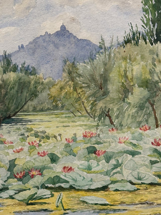 Early 20th Century Watercolor Landscape with Water Lilies, Signed, Circa 1910–1930