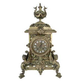 French Bronze Figural Mantel Clock with Sphinx Supports, Late 19th Century