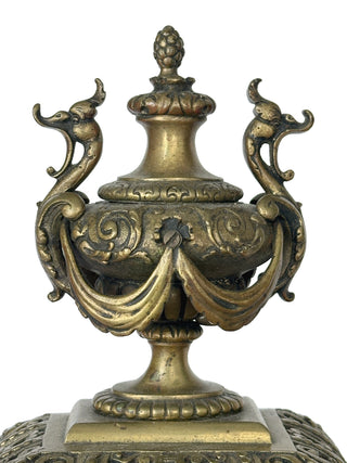 French Bronze Figural Mantel Clock with Sphinx Supports, Late 19th Century
