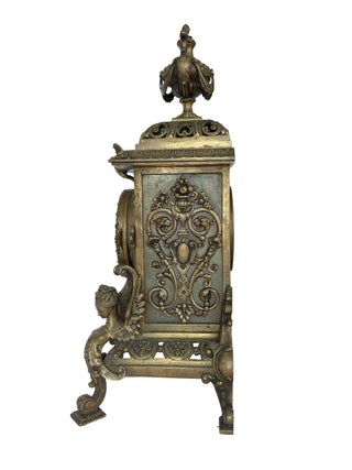 French Bronze Figural Mantel Clock with Sphinx Supports, Late 19th Century