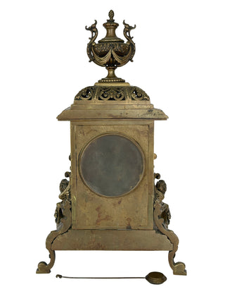 French Bronze Figural Mantel Clock with Sphinx Supports, Late 19th Century